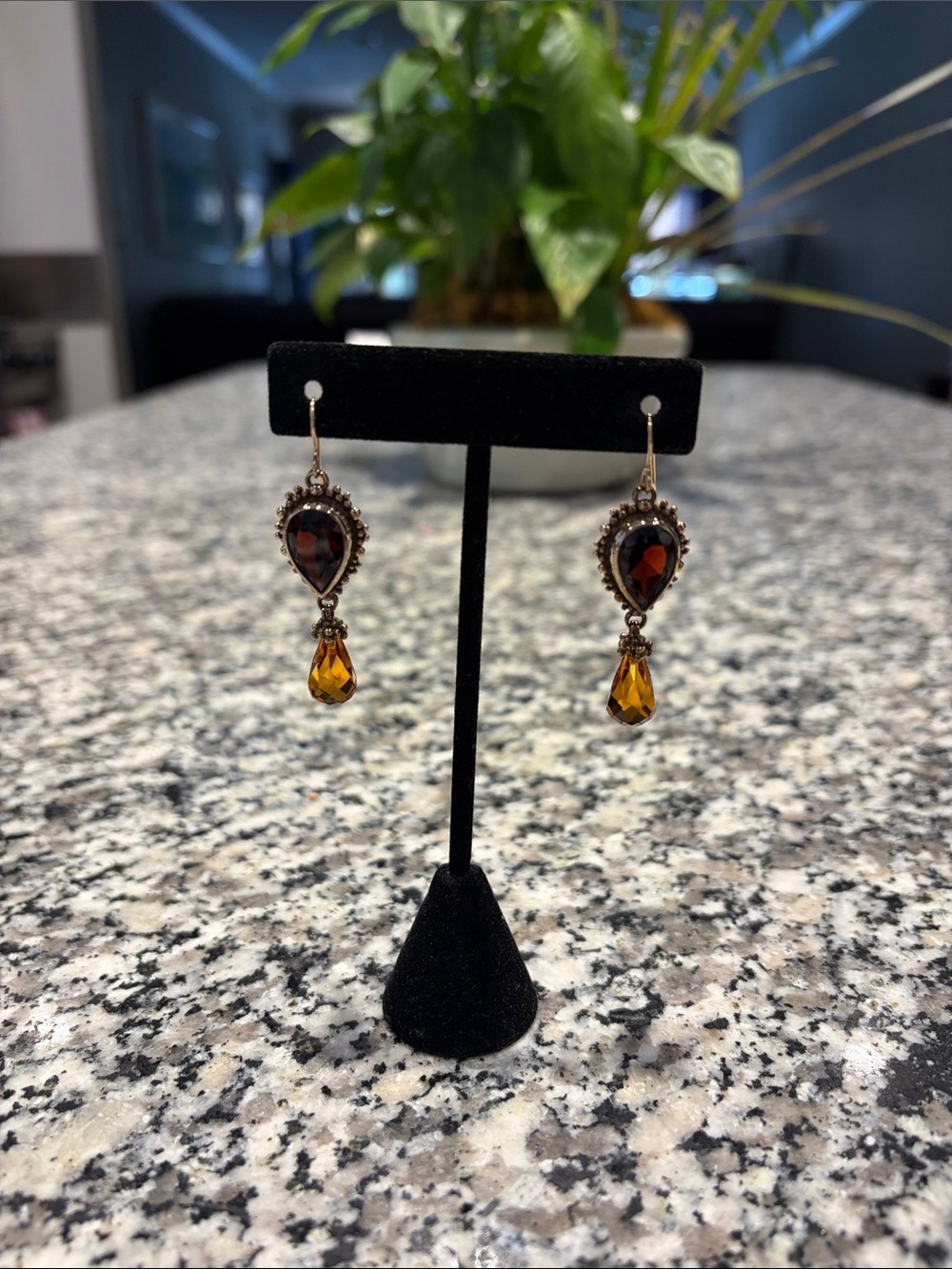 Vintage- Deep red and Amber Teardrop Drop Earrings